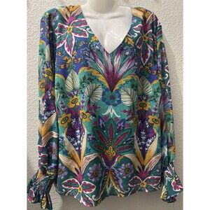Nicole Miller Women’s Aqua Teal Multicolor Floral Top Long Sleeve Ruffle Cuff 2X